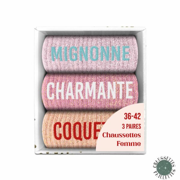 Coffret chaussettes paillettes CHARMANTE, MIGNONNE, COQUETTE
