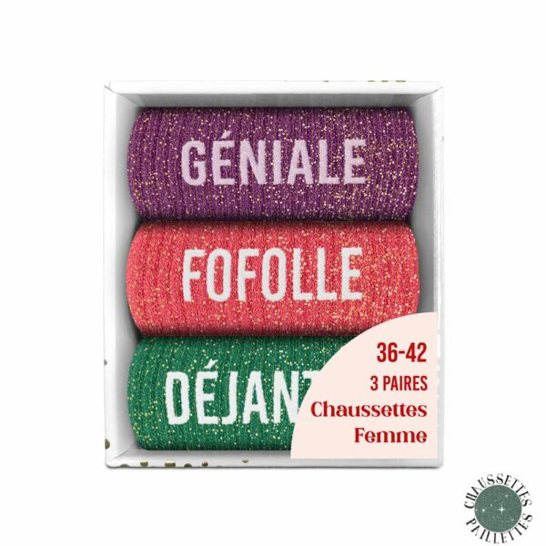Coffret chaussettes paillettes GÉNIALE, FOFOLLE, DÉJANTÉE